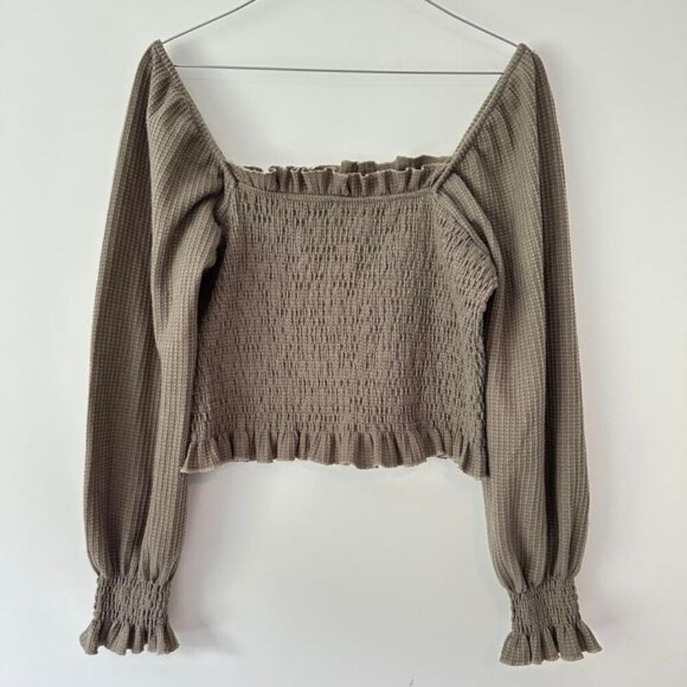 Taupe Smocked Square Neck Crop Top Ruffle Long Puff Sleeve Blouse
